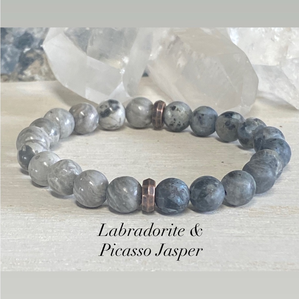 2/$40 - Matte Labradorite and Picasso Jasper Gemstone Bracelet - Unisex - 8mm